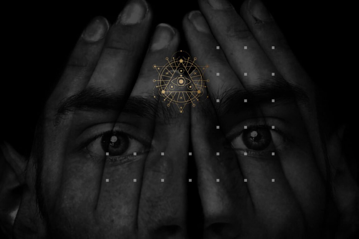 KL Tarot. A black-and-white image of a face with hands covering it, featuring a golden geometric design with an eye at the center on the forehead.