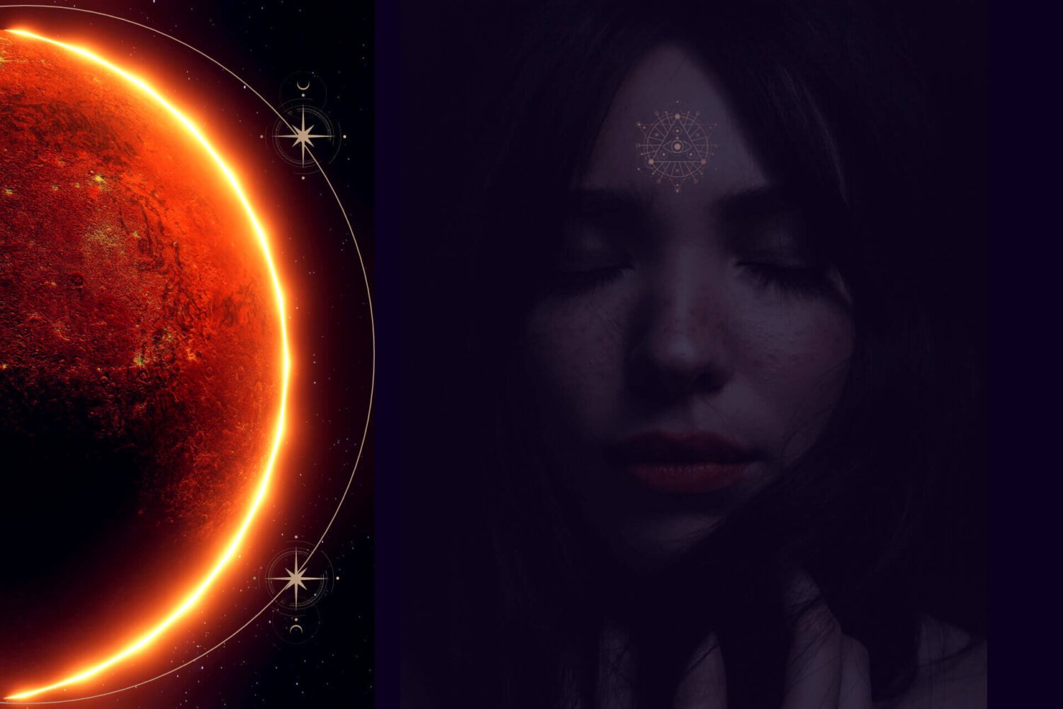 KL Tarot. Close-up of a vibrant, glowing red planet on the left, and a woman's face with closed eyes and an intricate symbol on her forehead on the right.
