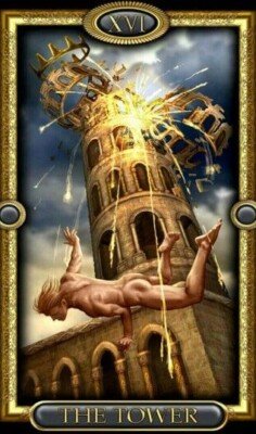 KL Tarot. A tarot card depicting The Tower, showing a structure being struck by lightning and a figure falling from it.